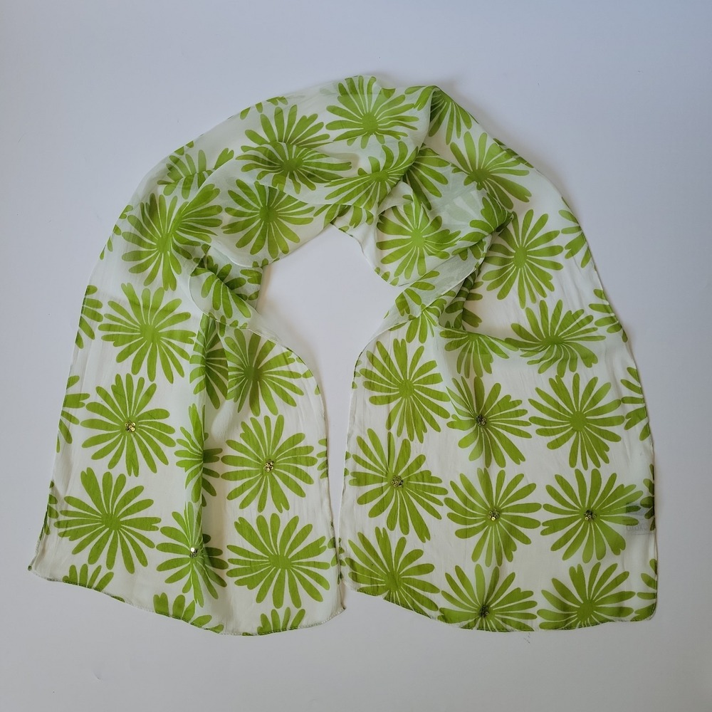 XOXO Retro Floral Rectangle Scarf 59" X 14" Green Sheer Sequins Mod Retro Summer